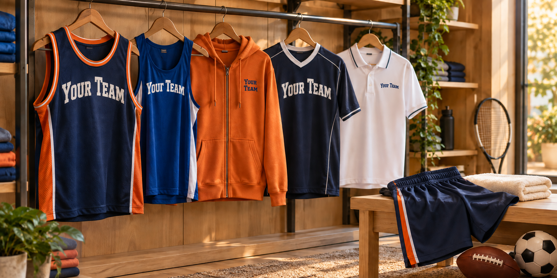 Jerseys, an orange hoodie and a polo displaying Your Team lettering on wooden hangers, beside athletic shorts and sports equipment