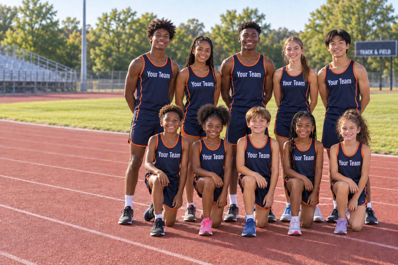 Youth track team from elementary through high school ages in matching navy and orange Your Team uniforms